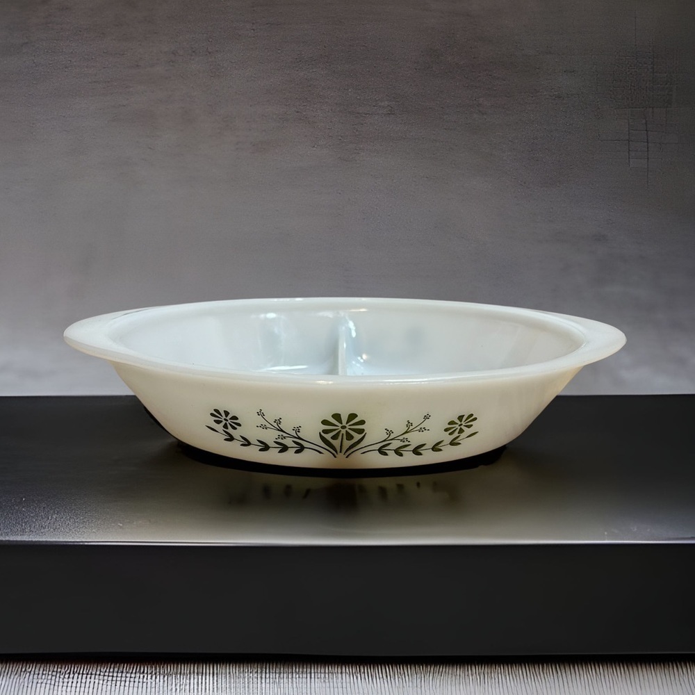 Vintage Glasbake Divided Casserole Dish Green Daisy Floral